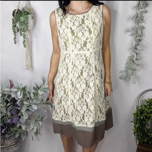 Sundance Orly Dress Womens 12 Cream Lace Overlay Green Silk Trim Sleeveless Knee